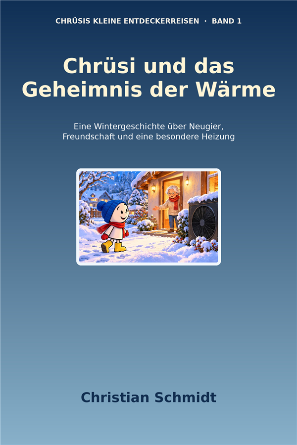 Chrüsi und das Geheimnis der Wärme: Buchcover mit Chrüsi, Oma Maria und einer Wärmepumpe im Schnee